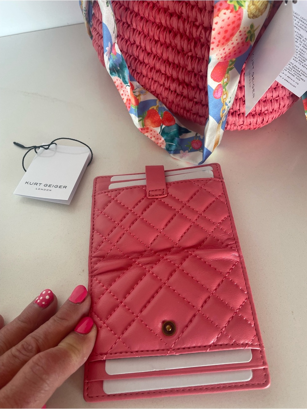 Kurt Geiger Coral Pink Woven Tote with Floral Scarf Handles and quilted wallet - Picture 6 of 8